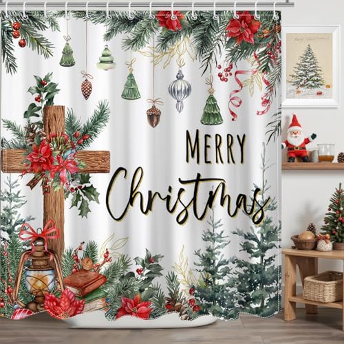 Christmas Shower Curtain with Cross and Pine Branches - 72x72 Inch Waterproof Bathroom Decor