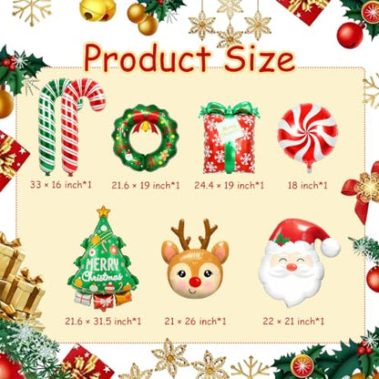 8Pcs Christmas Foil Balloons Set Reindeer Tree Santa Gift Wreath Candy Canes Indoor Holiday Decor