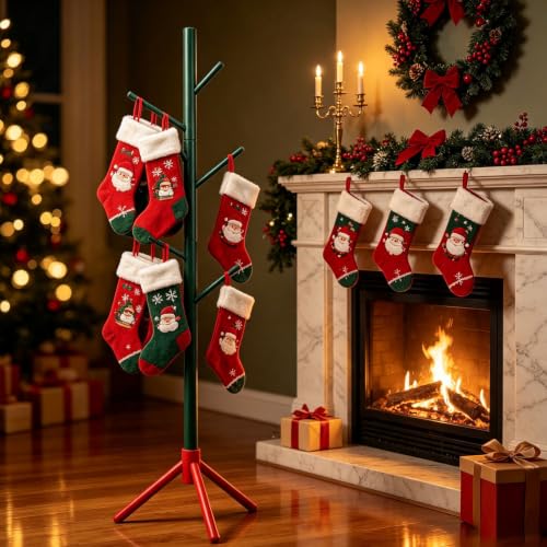Christmas Stocking Holder Stand with 7 Hooks - Wooden Holiday Floor Rack