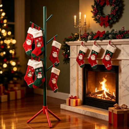 Christmas Stocking Holder Stand with 7 Hooks - Wooden Holiday Floor Rack