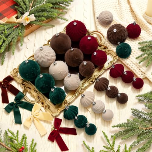 Velvet Christmas Tree Ornaments Set - Red, Green, Gold, Brown - 80pcs with Embossed Patterns