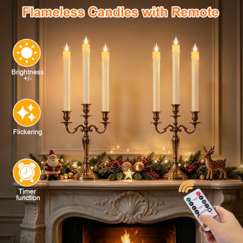 Ivory Rechargeable Flameless Taper Candles Set of 6 with Remote