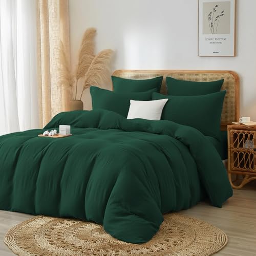 Dark Green Twin Muslin Cotton Duvet Cover Set - Fluffy Solid Bedding