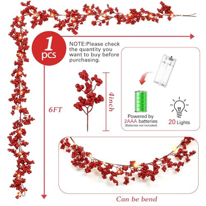 Christmas Red Berry Garland with Lights - 6 ft Battery-Operated Decor (Red / 1)