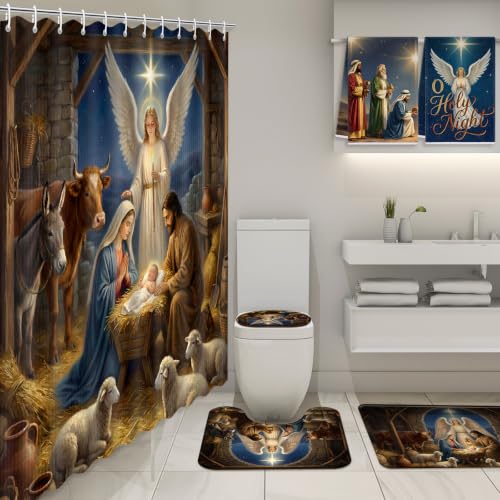 Christmas Nativity Shower Curtain Set with Rug Bathroom Accessories - Angel Design