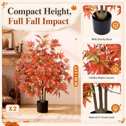 Artificial Fall Maple Trees 3ft with Pot - Colorful Autumn Decor Set of 2
