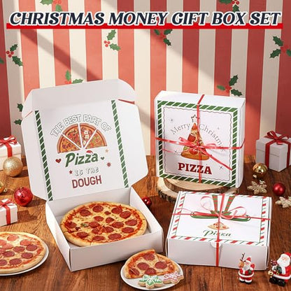 12 Pack Christmas Pizza Gift Boxes - 7 x 7 Inch Kraft Paper Holiday Money Holders with Cards & Ribbons