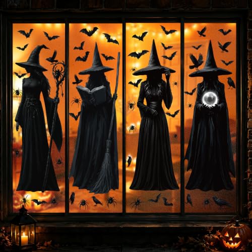 4 Large Halloween Window Clings for Decorations - Spiders, Bats, Pumpkins