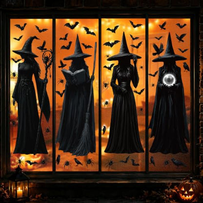 4 Large Halloween Window Clings for Decorations - Spiders, Bats, Pumpkins