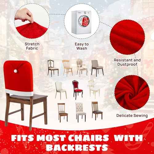 Christmas Chair Cover, Santa Hat Chair Covers with 4Pcs Silverware Holders Santa Chair Back Cover for Christmas Dinner Table Holiday Party Decoration