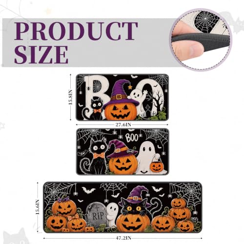 Halloween Kitchen Rugs and Mats Set - Black Cat Ghost Pumpkin Variation