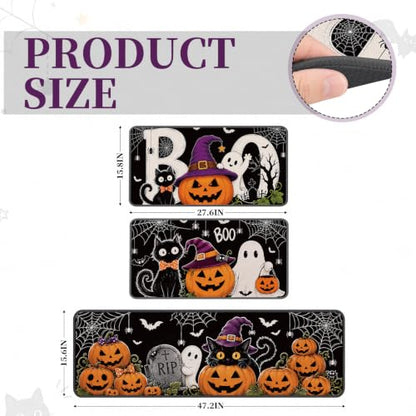 Halloween Kitchen Rugs and Mats Set - Black Cat Ghost Pumpkin Variation