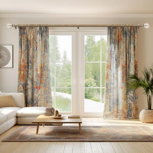 Adjustable Weathered Wood Curtain Rods 72-144 Inch with Decorative Brackets - Hand-Painted Leaf Design