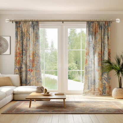 Adjustable Weathered Wood Curtain Rods 72-144 Inch with Decorative Brackets - Hand-Painted Leaf Design