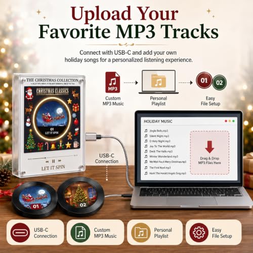 Magnetic Refrigerator Music Player with 9 Vinyl Discs, Custom MP3 Upload, LED Light, Christmas Decor