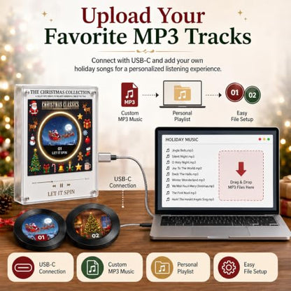 Magnetic Refrigerator Music Player with 9 Vinyl Discs, Custom MP3 Upload, LED Light, Christmas Decor