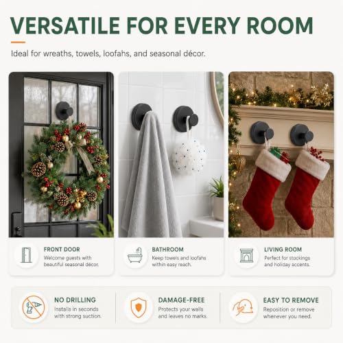 No Drill Gold Suction Cup Hooks for Wreaths - Reusable Holiday & Household Decor - 2 Pack