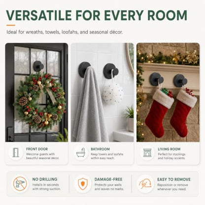 No Drill Gold Suction Cup Hooks for Wreaths - Reusable Holiday & Household Decor - 2 Pack