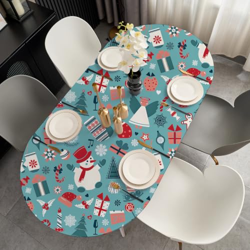 Christmas Oval Fitted Tablecloth 48x68 Inch Elastic Holiday Table Cover - Teal Blue
