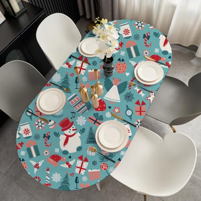 Christmas Oval Fitted Tablecloth 48x68 Inch Elastic Holiday Table Cover - Teal Blue