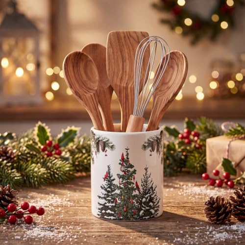 Christmas Utensil Holder with Cardinal Birds and Pine Tree Design - Rustic Ceramic Kitchen Organizer - Variation of Christmas Tree