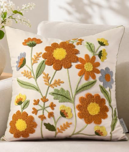 Fall Blossom Embroidered Cotton Throw Pillow Cover 18x18 Inch - MuseHaus