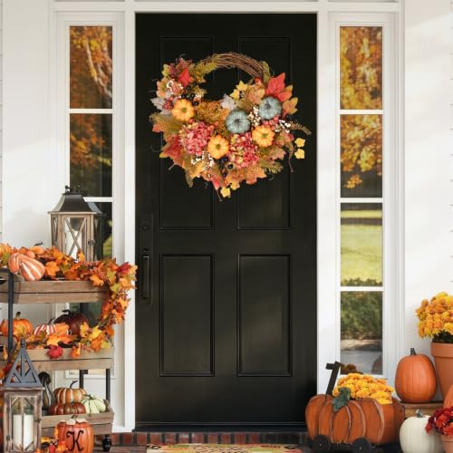 Fall Wreath for Front Door 18-Inch Artificial Pumpkin Hydrangea Autumn Decor - 1 Pcs