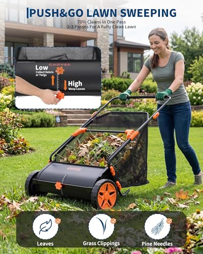 21 Inch Non-Powered Leaf Sweeper with Metal and Plastic Frame - Yard Cleanup Tool