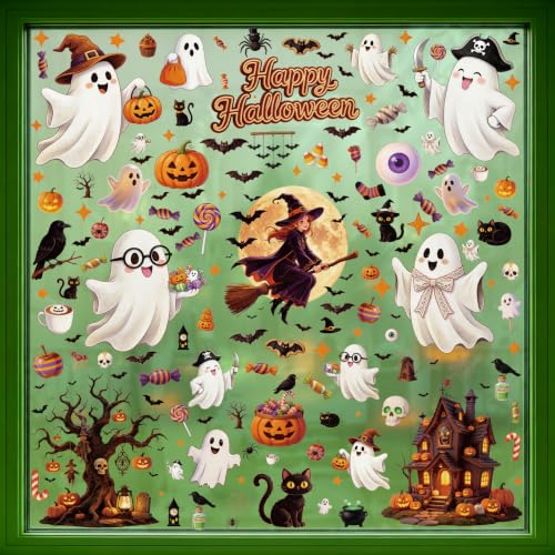 8 Sheets 157 Pcs Halloween Window Clings Decor - Ghost Pumpkin Bat Skull Web Stickers