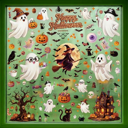 8 Sheets 157 Pcs Halloween Window Clings Decor - Ghost Pumpkin Bat Skull Web Stickers