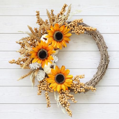 20 Inch Fall Sunflower Wreath with White Pumpkin and Berries for Front Door