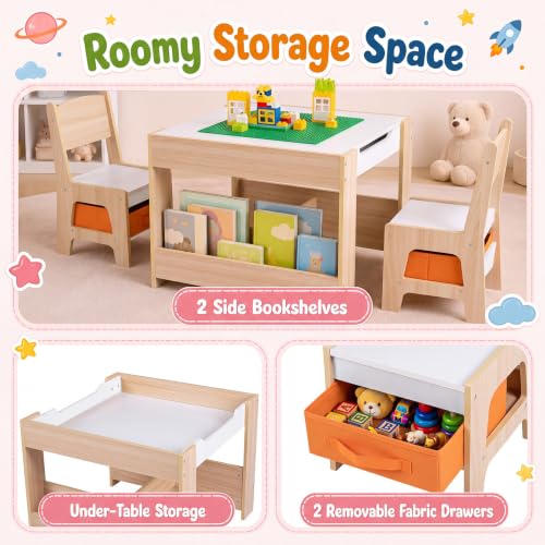 Costzon 4 in 1 Kids Activity Table and Chairs Set - Natural & Green, Reversible with Building Blocks, Storage