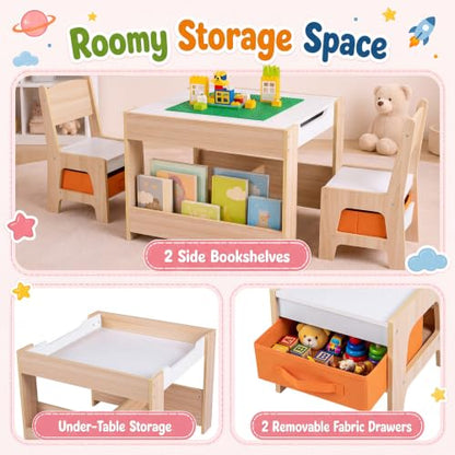 Costzon 4 in 1 Kids Activity Table and Chairs Set - Natural & Green, Reversible with Building Blocks, Storage