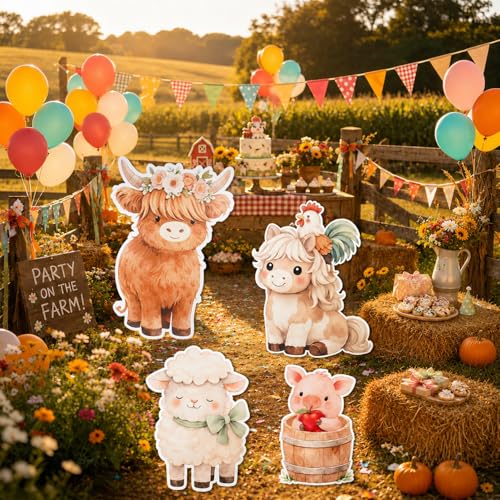 Farm Animal Cutouts Set - Highland Cow, Pony, Lamb & Pig for Barnyard Party Decorations - Variation of Farm Animal