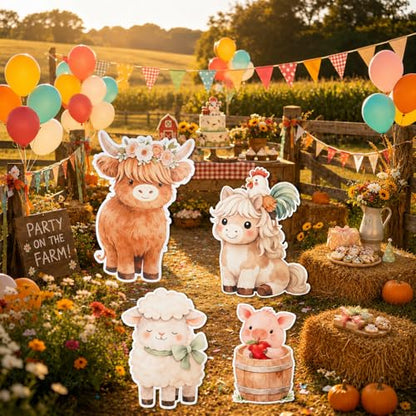 Farm Animal Cutouts Set - Highland Cow, Pony, Lamb & Pig for Barnyard Party Decorations - Variation of Farm Animal