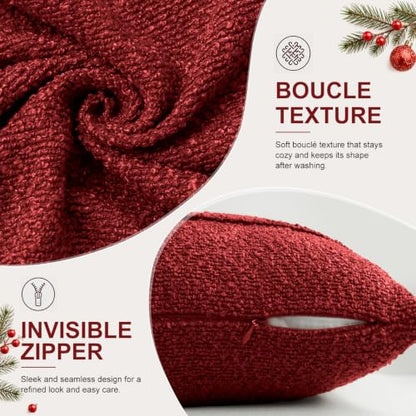 Christmas Red Boucle Pillow Covers Set of 2 - 24x24 Textured Holiday Decor