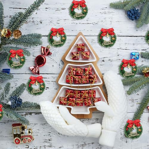 Mini Christmas Wreath Ornaments 6.5cm Holiday Decor Set with Bows Bells & Sign