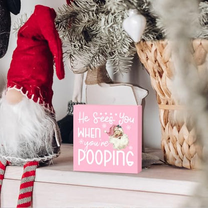 Pink Christmas Bathroom Decor - Xmas Shelf Sign with Santa Hat - Farmhouse Office Bedroom