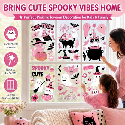 Pink Halloween Window Clings Set - 115 Reusable Spooky Decals for Glass
