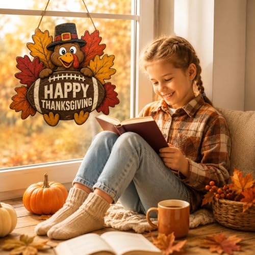 Thanksgiving Door Sign - Wooden Fall Decor with Turkey and Football Motif