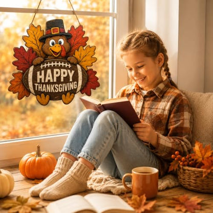 Thanksgiving Door Sign - Wooden Fall Decor with Turkey and Football Motif