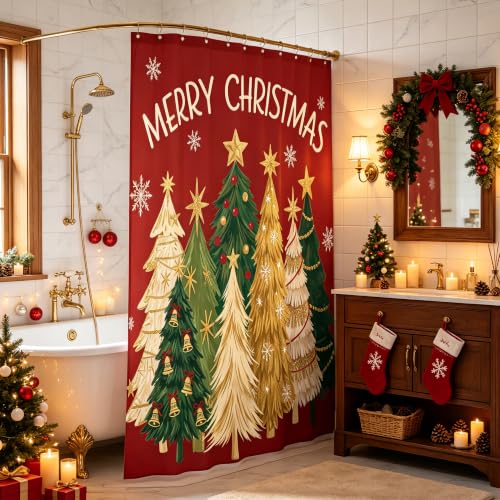 Burgundy Red Christmas Shower Curtain Set with 12 Hooks 72x72 Inches