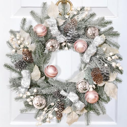 Elyum 20 Inch Christmas Wreath with Lights, Balls, Ribbon, Berries & Pine Cones - Front Door Holiday Decor