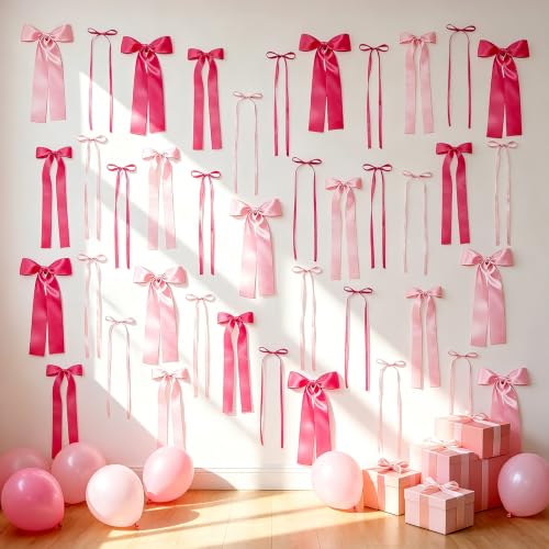Pink Bow Birthday Decorations 40Pcs Satin Ribbon Bows DIY Wall Backdrop for Girls Princess Party