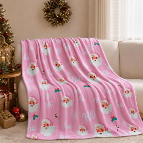 Pink Santa Claus Christmas Throw Blanket 50x60 Inch Cozy Flannel