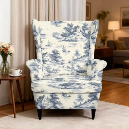 Vintage Sailboat House Wing Back Chair Cover Set with Arms - 2 Pieces