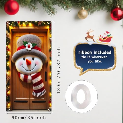 Christmas Front Door Cover Snowman Pattern Holiday Banner 35x71in Polyester