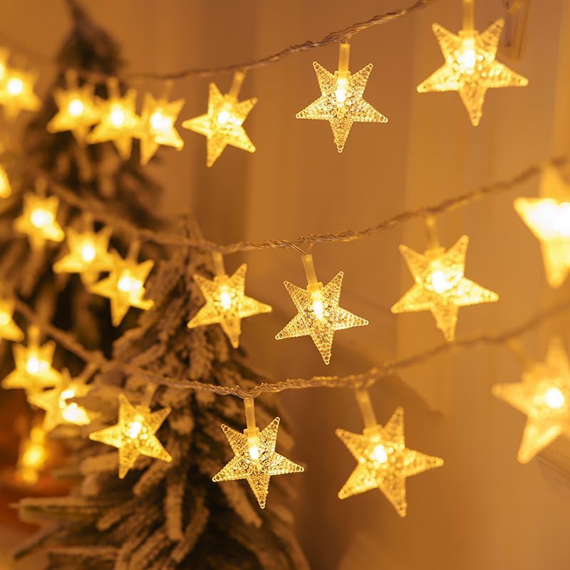 Star String Lights - 50 LED Twinkle Lights | 17 ft Battery Operated Fairy Lights for Kids' Bedroom & Wedding Decor, Warm White