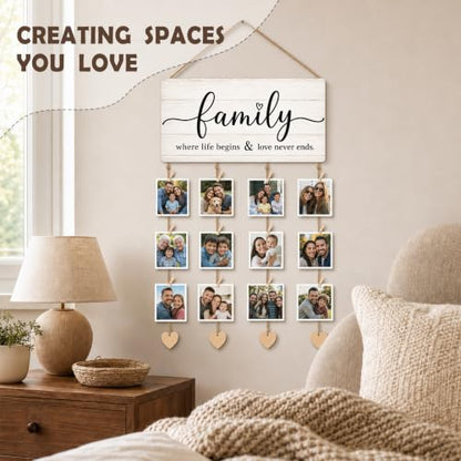 AWSICE Natural Wood Family Photo Frame Hanging Display Wall Decor