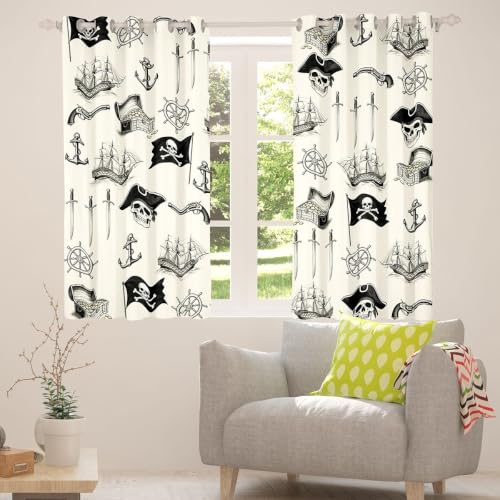 Blackout Nautical Curtain Set - Ocean Themed Thermal Insulated Drapes for Bedroom & Living Room, 2 Panels 42 x 84 Inch, Light Beige & Black